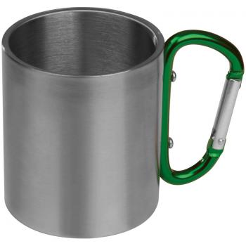 Doppelwandige Tasse aus Edelstahl mit Karabinerhaken / Farbe: silber-grün
