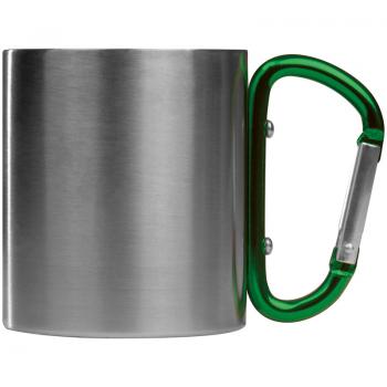 Doppelwandige Tasse aus Edelstahl mit Karabinerhaken / Farbe: silber-grün