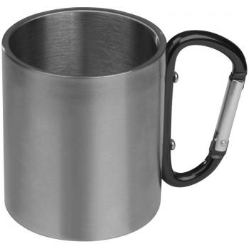 Doppelwandige Tasse aus Edelstahl mit Karabinerhaken / Farbe: silber-schwarz