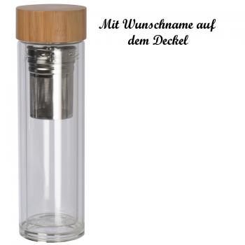 Doppelwandige Vakuum Trinkflasche mit Namensgravur - aus Glas mit Bambus-Deckel