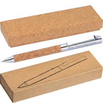 Drehkugelschreiber mit Gravur / aus Metall mit Korkummantelung und Kork-Etui