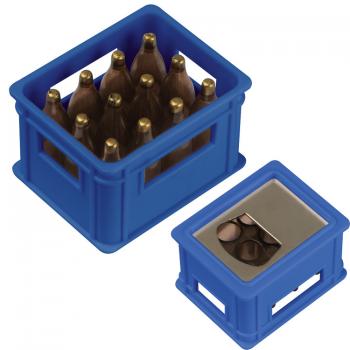 Flaschenöffner in der Form eines Bierkastens / Farbe: blau