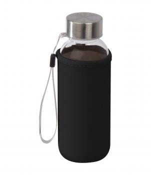 Glas Trinkflasche mit schwarzen Neoprenüberzug / 300ml / Farbe: transparent