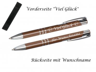 Glücks-Kugelschreiber mit beidseitiger Gravur / mit Velouretui / Farbe: braun