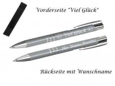 Glücks-Kugelschreiber mit beidseitiger Gravur / mit Velouretui / Farbe: grau