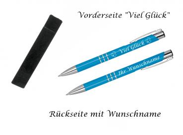 Glücks-Kugelschreiber mit beidseitiger Gravur / mit Velouretui / Farbe: hellblau
