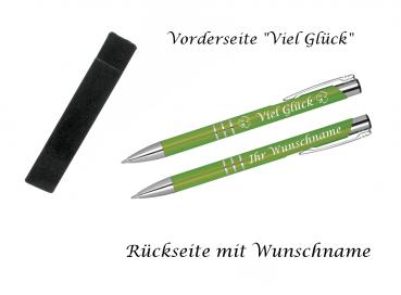 Glücks-Kugelschreiber mit beidseitiger Gravur / mit Velouretui / Farbe: hellgrün
