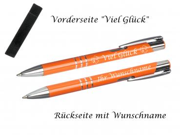 Glücks-Kugelschreiber mit beidseitiger Gravur / mit Velouretui / orange (matt)