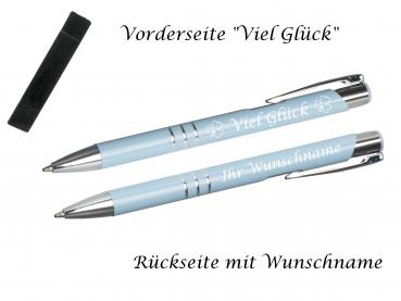Glücks-Kugelschreiber mit beidseitiger Gravur / mit Velouretui / pastell blau