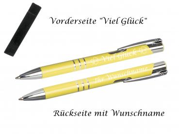 Glücks-Kugelschreiber mit beidseitiger Gravur / mit Velouretui / pastell gelb
