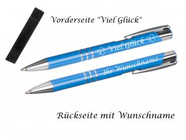 Glücks-Kugelschreiber mit beidseitiger Gravur mit Velouretui / Farbe: mittelblau