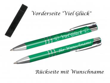 Glücks-Kugelschreiber mit beidseitiger Gravur mit Velouretui / Farbe: mittelgrün