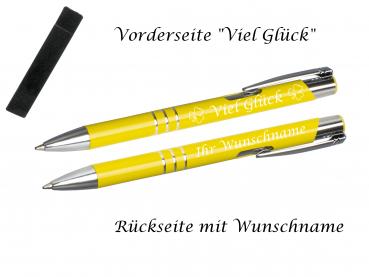Glücks-Kugelschreiber mit beidseitiger Gravur mit Velouretui / Farbe: sonnengelb