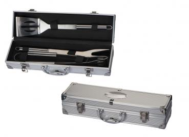 Grillkoffer aus Metall / mit Grillzange, Fleischwender und Grillgabel