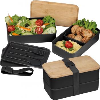 Große Brotdose mit Gravur / Lunchbox / 2-stöckig / mit Besteck / Farbe: schwarz