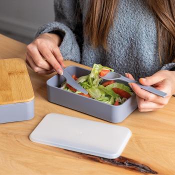 Große Brotdose mit Namensgravur - Lunchbox - 2-stöckig - mit Besteck - grau