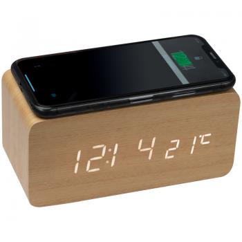 Holz-Schreibtischuhr mit intergriertem Wireless Charger und Thermometer