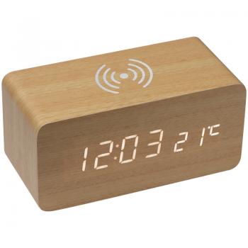 Holz-Schreibtischuhr mit intergriertem Wireless Charger und Thermometer