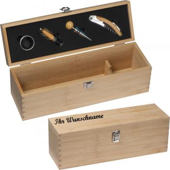 Holz-Weinbox mit Namensgravur - mit Kellnermesser, Flaschenverschluss, Ausgießer