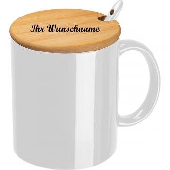 Keramiktasse mit Löffel und Bambusdeckel mit Namensgravur - Farbe: weiß