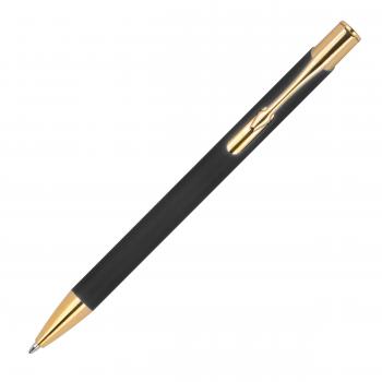 Kugelschreiber aus Metall mit goldenen Applikationen mit Gravur / Farbe: schwarz