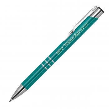Kugelschreiber aus Metall mit Gravur / vollfarbig lackiert / türkis (matt)