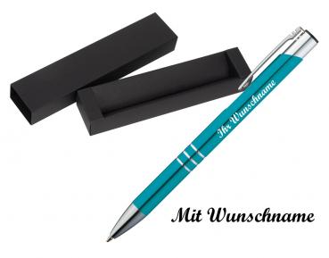 Kugelschreiber aus Metall mit Namensgravur - mit Pappetui - Farbe: türkis