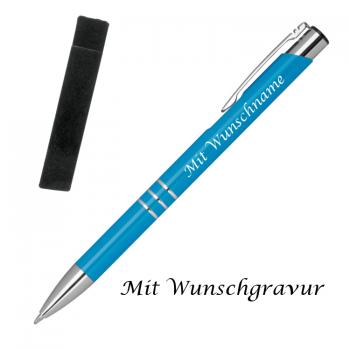 Kugelschreiber mit Gravur / aus Metall mit Velouretui / Farbe: hellblau
