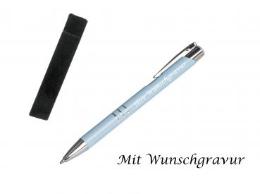 Kugelschreiber mit Gravur / aus Metall mit Velouretui / Farbe: pastell blau