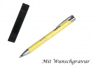 Kugelschreiber mit Gravur / aus Metall mit Velouretui / Farbe: pastell gelb
