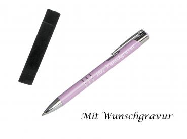 Kugelschreiber mit Gravur / aus Metall mit Velouretui / Farbe: pastell lila