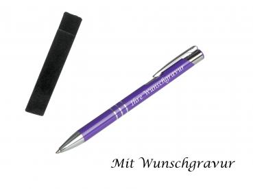 Kugelschreiber mit Gravur / aus Metall mit Velouretui / Farbe: violett