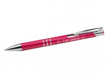 Kugelschreiber mit Gravur "Viel Glück" / aus Metall / Farbe: fuchsienrot