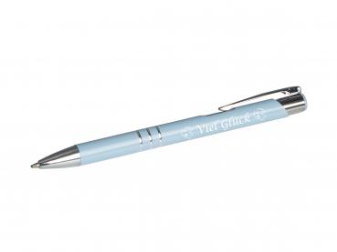 Kugelschreiber mit Gravur "Viel Glück" / aus Metall / Farbe: pastell blau