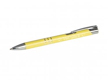 Kugelschreiber mit Gravur "Viel Glück" / aus Metall / Farbe: pastell gelb