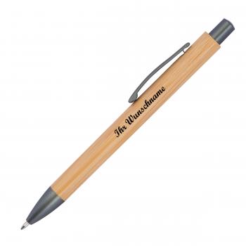 Kugelschreiber mit Namensgravur - aus Bambus mit anthrazitfarbenen Applikationen