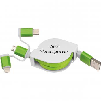 Ladekabel mit iOS, C-Type und Micro USB Anschluss mit Gravur / Farbe: grün