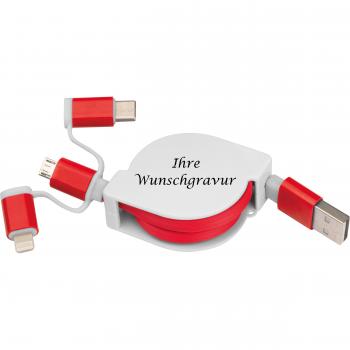 Ladekabel mit iOS, C-Type und Micro USB Anschluss mit Gravur / Farbe: rot