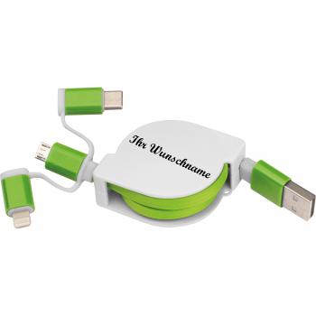 Ladekabel mit iOS, C-Type und Micro USB Anschluss mit Namensgravur - Farbe: grün