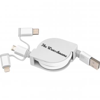 Ladekabel mit iOS, C-Type und Micro USB Anschluss mit Namensgravur - Farbe: weiß