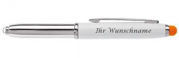 LED Touchpen Kugelschreiber mit Gravur / Farbe: silber/weiß mit orangen Stylus