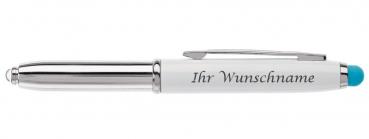 LED Touchpen Kugelschreiber mit Gravur / Farbe: silber/weiß mit türkisen Stylus