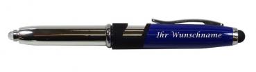 LED Touchpen Kugelschreiber mit Gravur / mit Smartphone Halterung / silber-blau