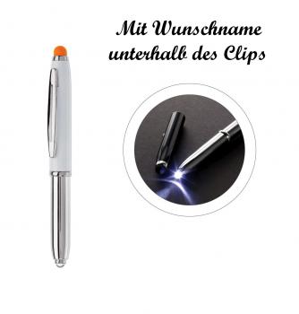 LED Touchpen Kugelschreiber mit Namensgravur - silber/weiß mit orangen Stylus