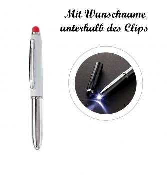 LED Touchpen Kugelschreiber mit Namensgravur - silber/weiß mit roten Stylus