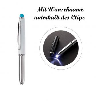 LED Touchpen Kugelschreiber mit Namensgravur - silber/weiß mit türkisen Stylus