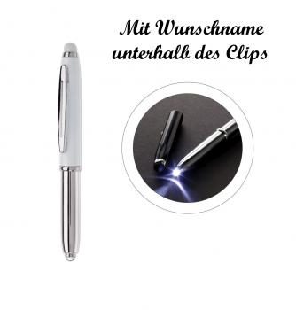 LED Touchpen Kugelschreiber mit Namensgravur - silber/weiß mit weißen Stylus