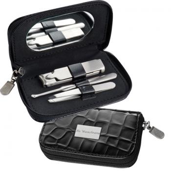 Maniküre-Set mit Gravur / 4-teilig mit Etui in Krokooptik und Spiegel im Inneren