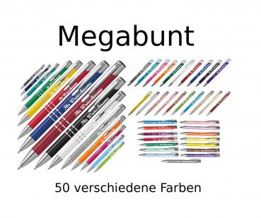 MEGABUNT 50 Metall-Kugelschreiber mit 50 verschiedene Farben mit Namensgravur