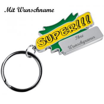 Metall Schlüsselanhänger "Super!!!" mit Namensgravur - Farbe: grün